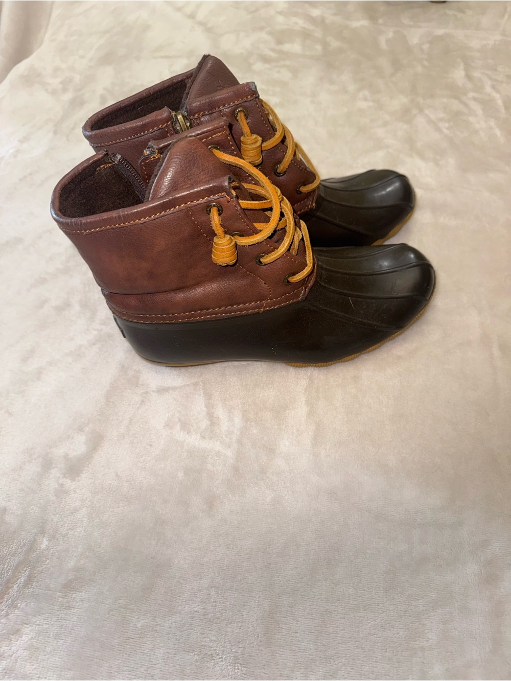 Sperry Brown Leather and Black Rubber Duck Boots with Tan Laces